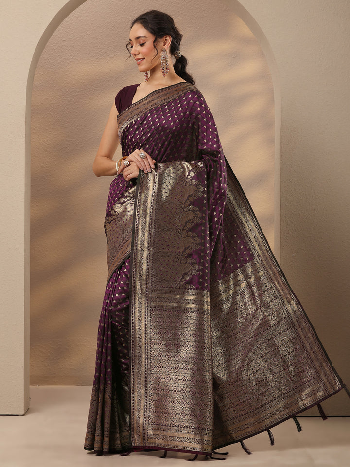 Burgundy Woven Design Silk Blend Saree With Unstitched Blouse Piece