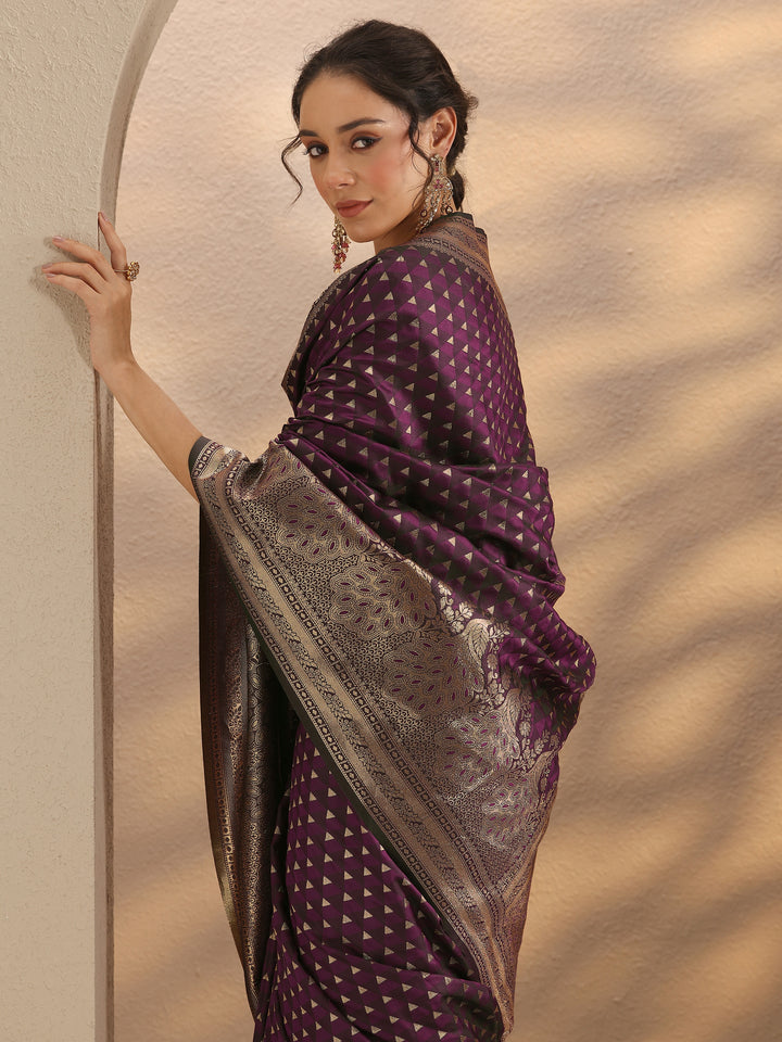Burgundy Woven Design Silk Blend Saree With Unstitched Blouse Piece