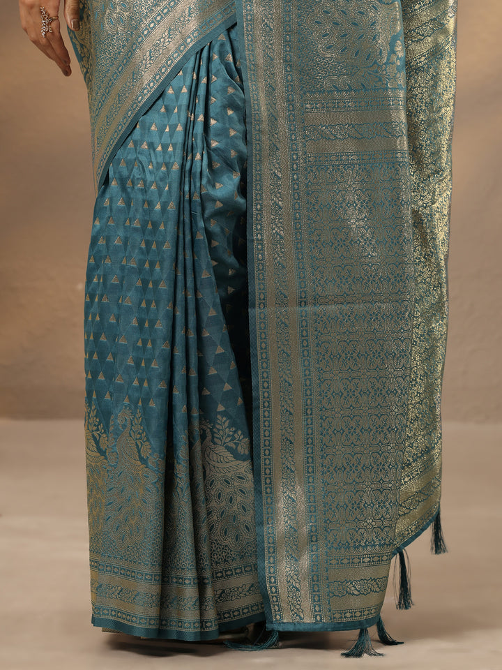 Blue Woven Design Silk Blend Saree With Unstitched Blouse Piece