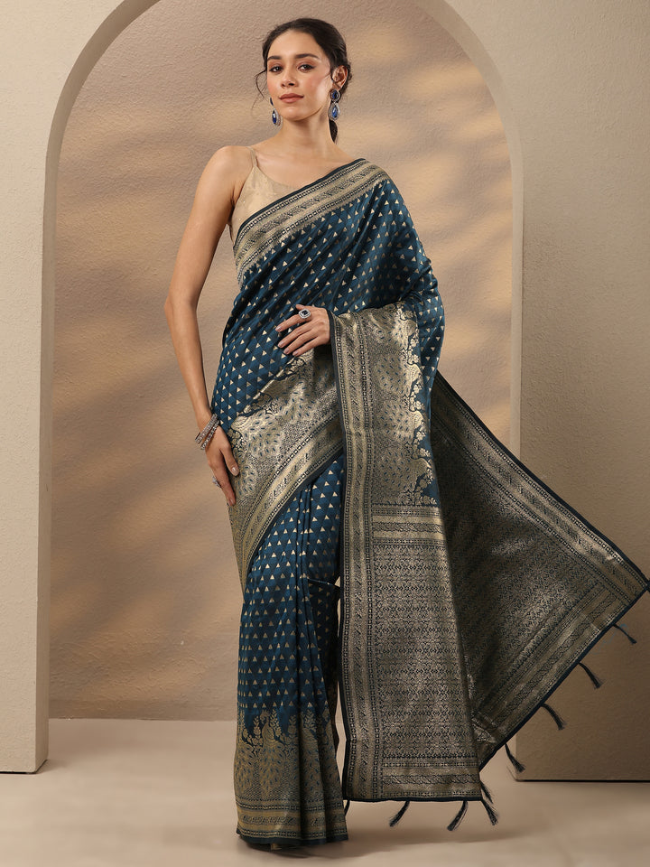Blue Woven Design Silk Blend Saree With Unstitched Blouse Piece