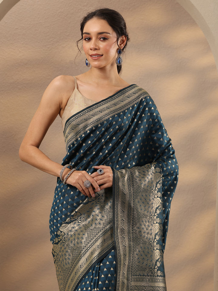 Blue Woven Design Silk Blend Saree With Unstitched Blouse Piece