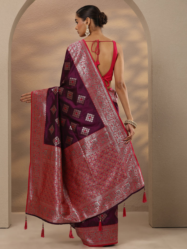 Burgundy Geometric Woven Design Silk Blend Saree With Unstitched Blouse Piece