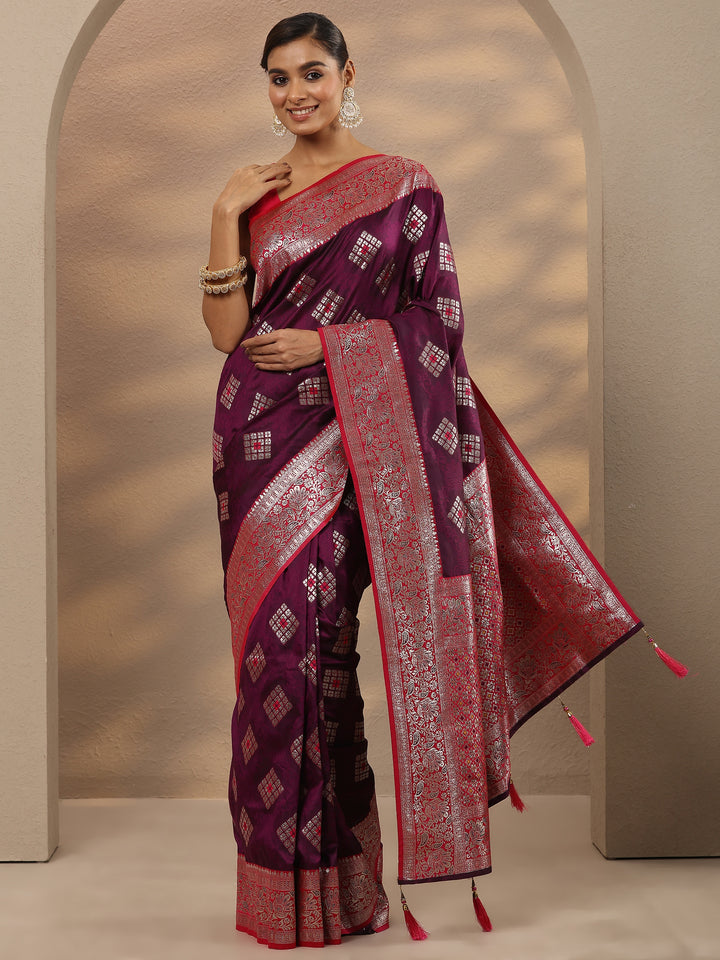 Burgundy Geometric Woven Design Silk Blend Saree With Unstitched Blouse Piece