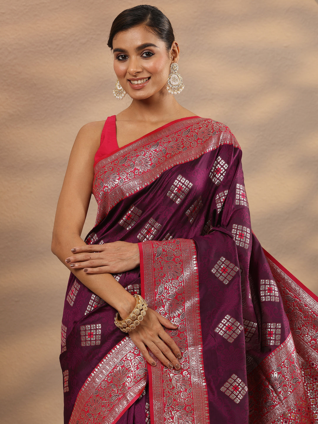 Burgundy Geometric Woven Design Silk Blend Saree With Unstitched Blouse Piece