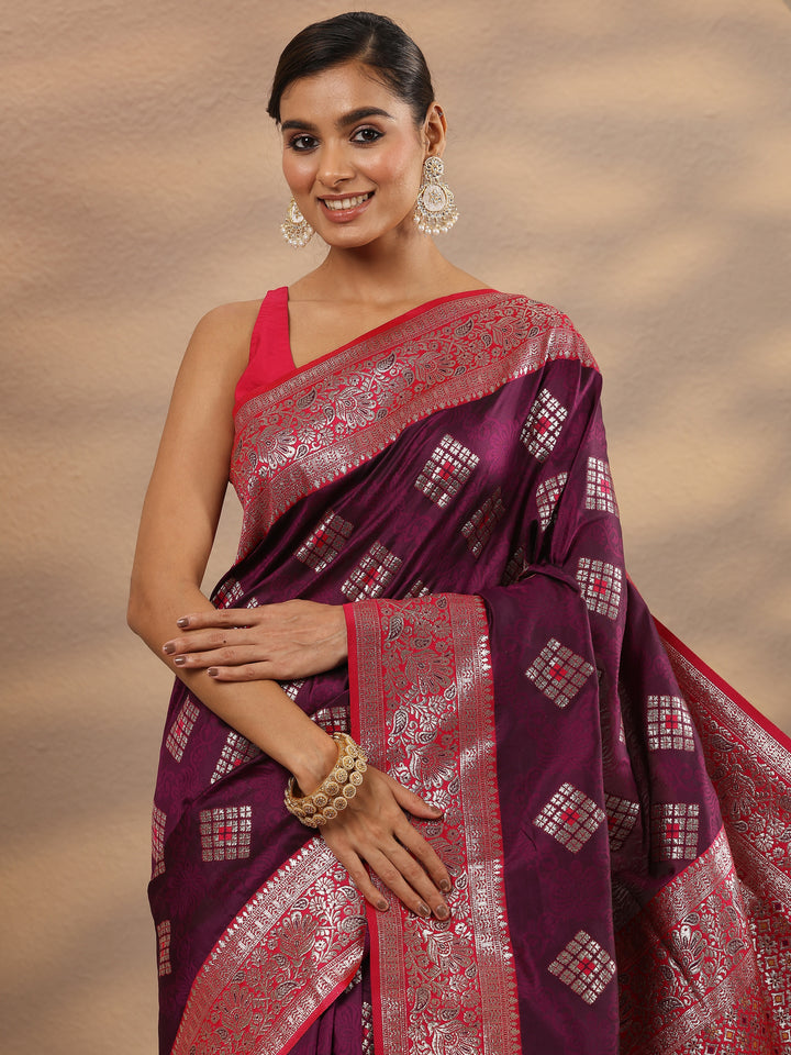 Burgundy Geometric Woven Design Silk Blend Saree With Unstitched Blouse Piece