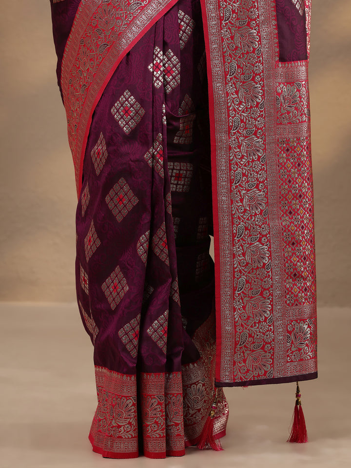 Burgundy Geometric Woven Design Silk Blend Saree With Unstitched Blouse Piece