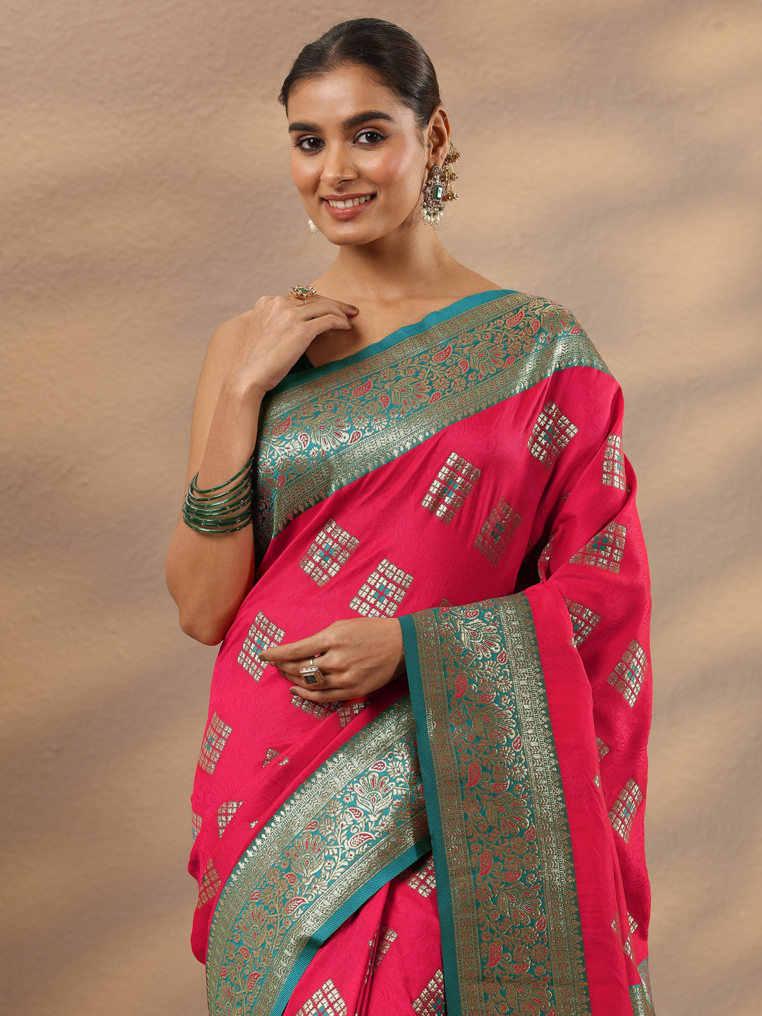 Pink Geometric Woven Design Silk Blend Saree With Unstitched Blouse Piece