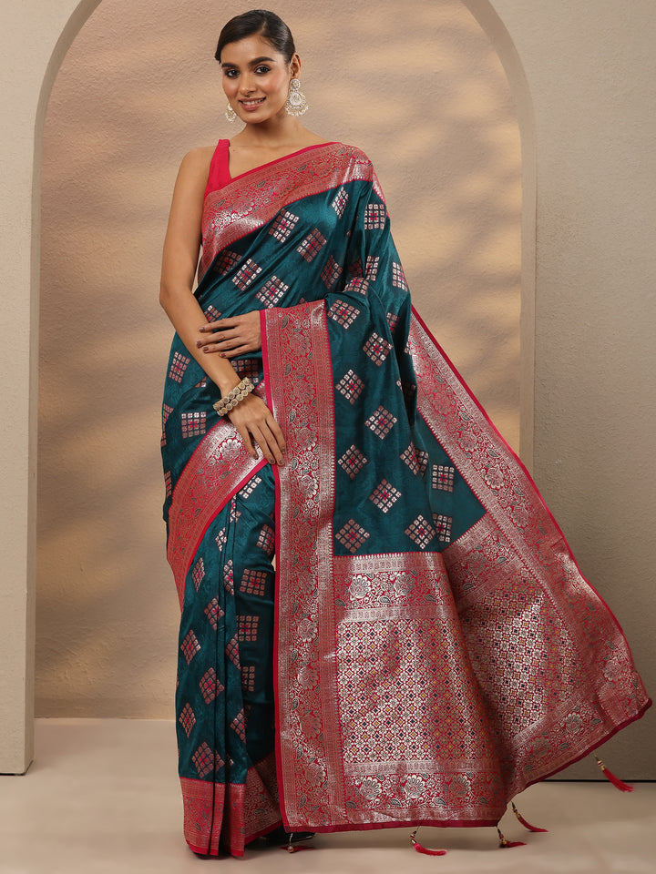 Blue Geometric Woven Design Silk Blend Saree With Unstitched Blouse Piece