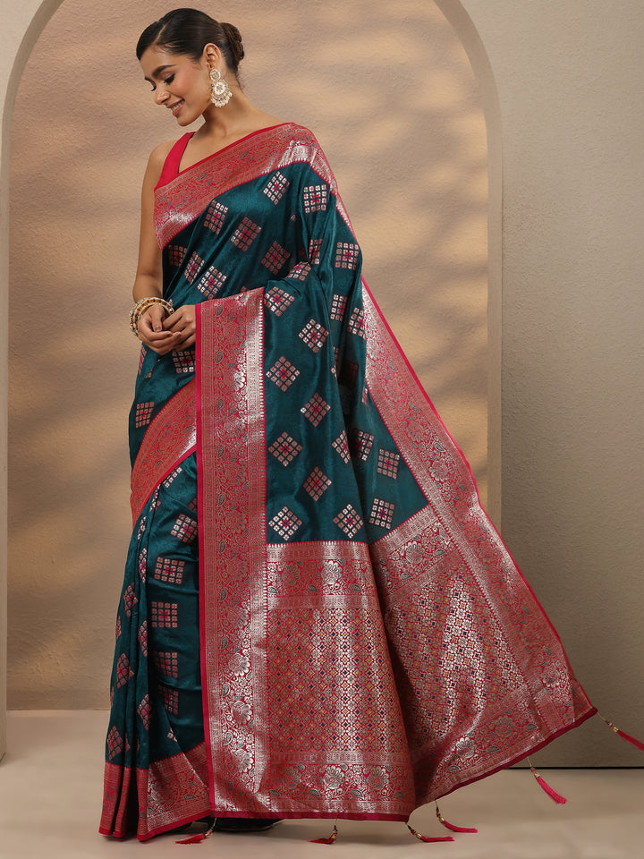 Blue Geometric Woven Design Silk Blend Saree With Unstitched Blouse Piece