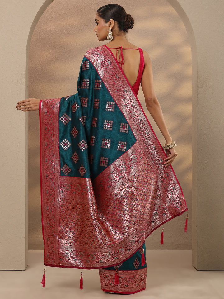 Blue Geometric Woven Design Silk Blend Saree With Unstitched Blouse Piece