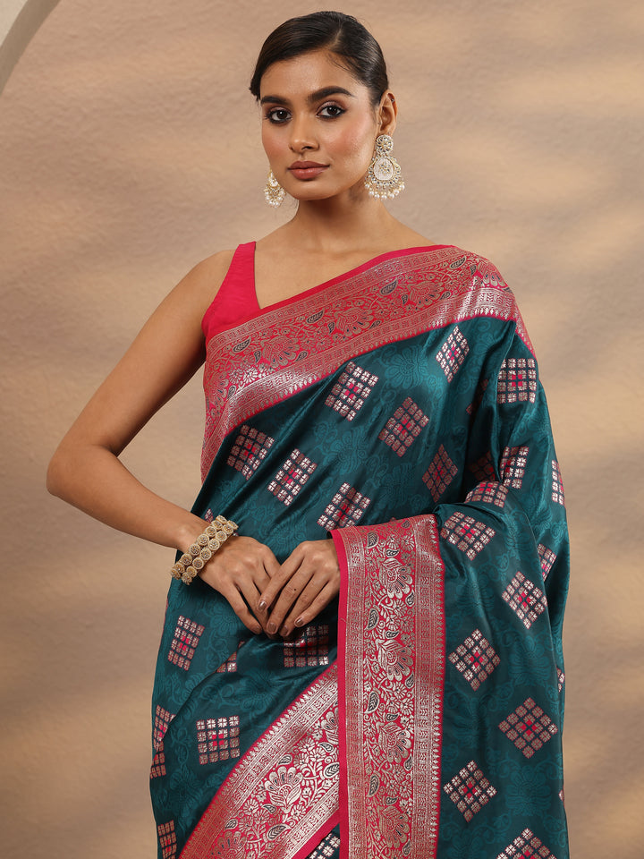 Blue Geometric Woven Design Silk Blend Saree With Unstitched Blouse Piece