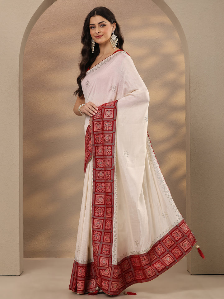 Off White Embellished Silk Blend Saree With Unstitched Blouse Piece