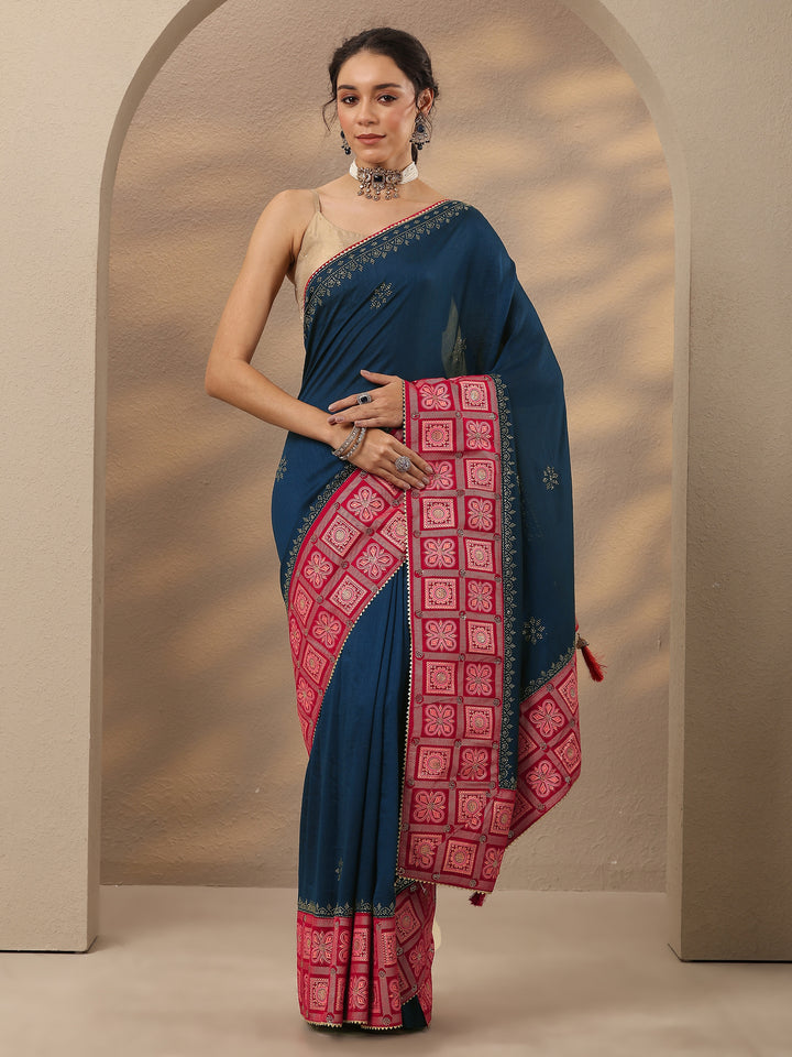 Navy Blue Embellished Silk Blend Saree With Unstitched Blouse Piece