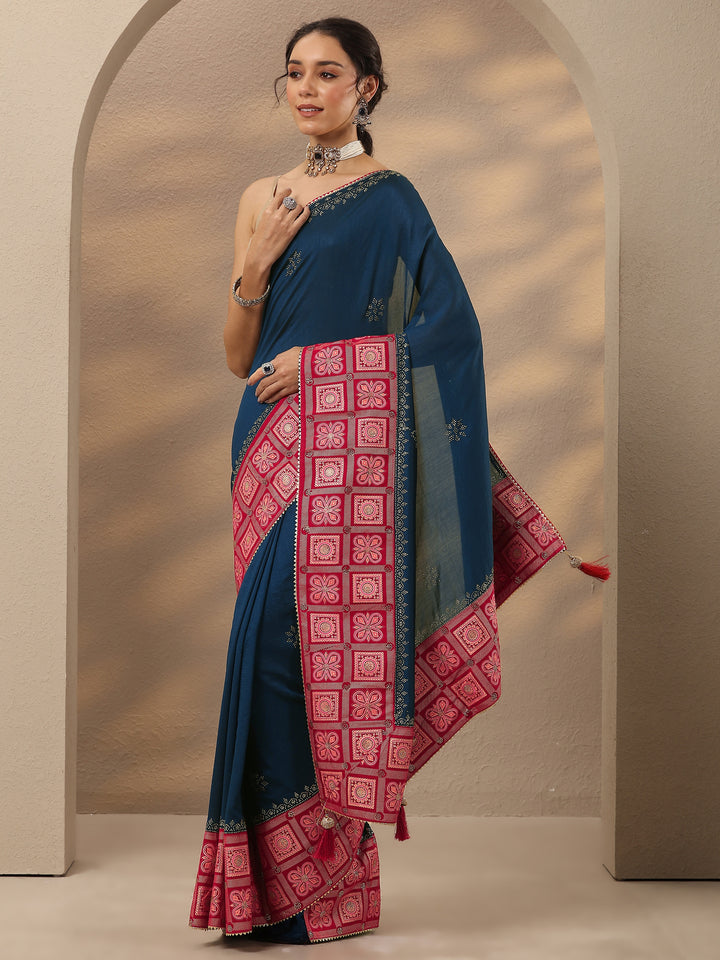 Navy Blue Embellished Silk Blend Saree With Unstitched Blouse Piece