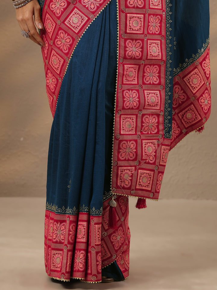 Navy Blue Embellished Silk Blend Saree With Unstitched Blouse Piece