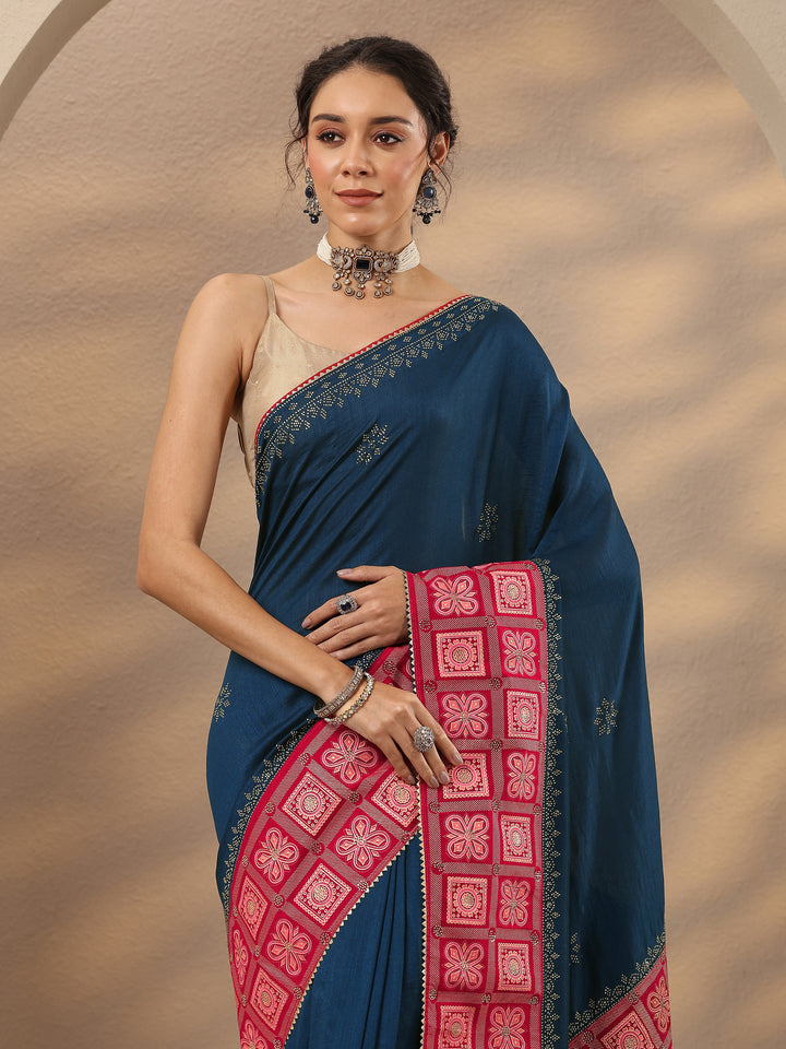 Navy Blue Embellished Silk Blend Saree With Unstitched Blouse Piece
