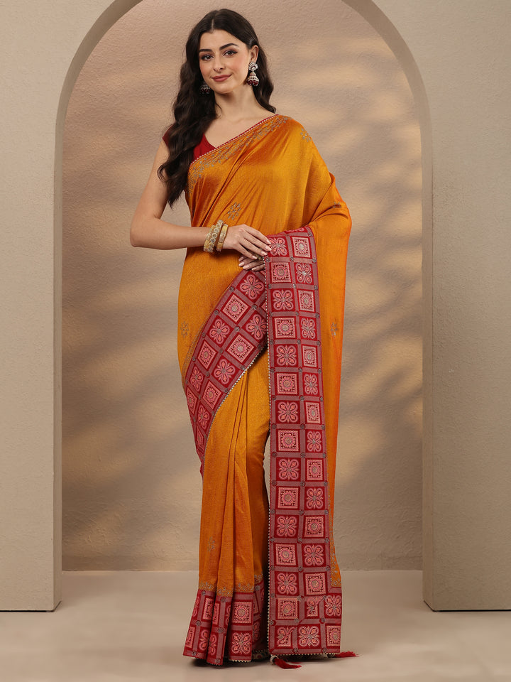 Mustard Embellished Silk Blend Saree With Unstitched Blouse Piece