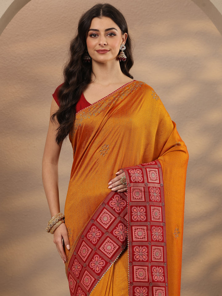 Mustard Embellished Silk Blend Saree With Unstitched Blouse Piece