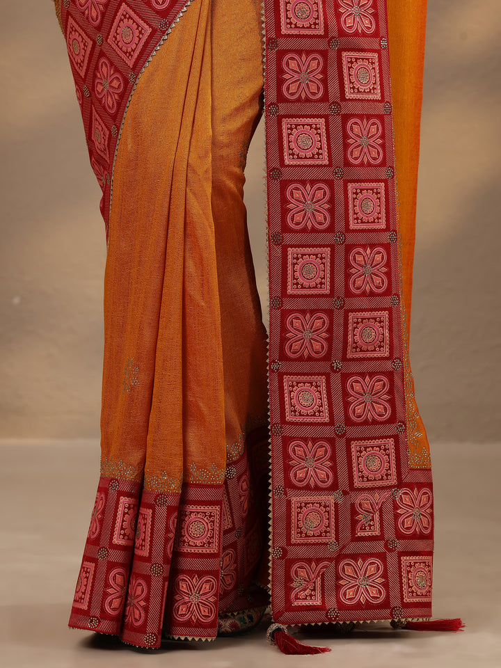 Mustard Embellished Silk Blend Saree With Unstitched Blouse Piece