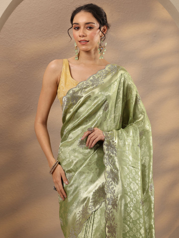 Green Woven Design Silk Blend Saree With Unstitched Blouse Piece