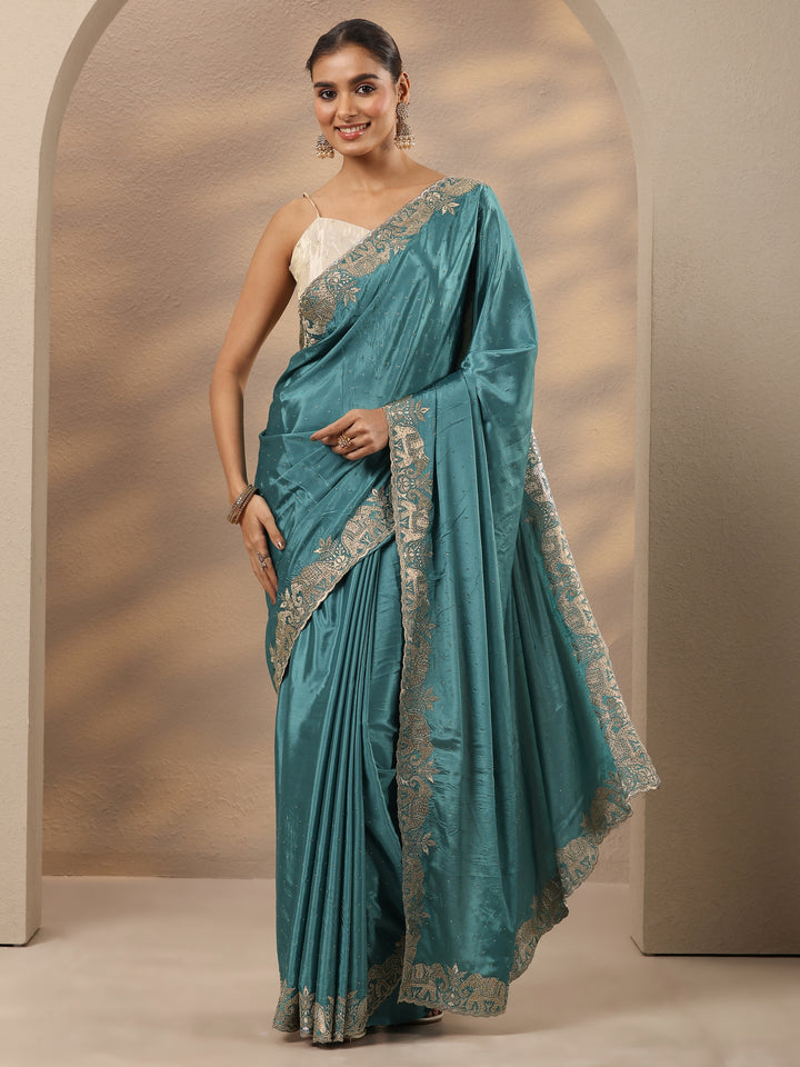 Blue Embellished Silk Blend Saree With Unstitched Blouse Piece
