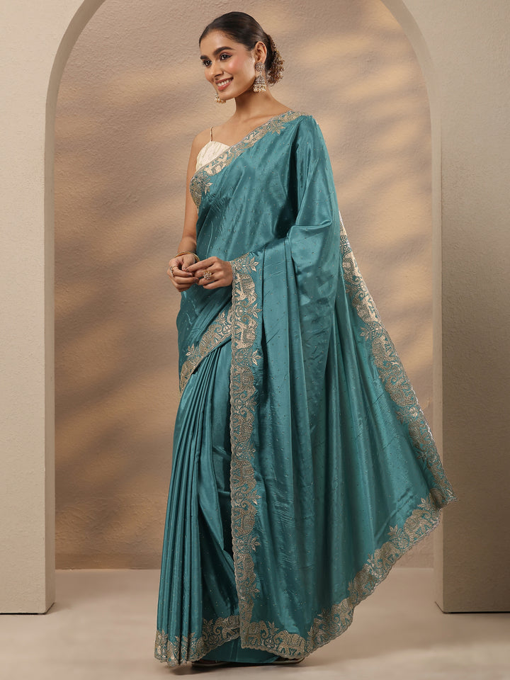 Blue Embellished Silk Blend Saree With Unstitched Blouse Piece