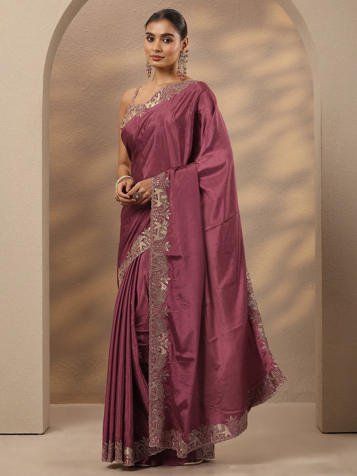 Mauve Embellished Silk Blend Saree With Unstitched Blouse Piece