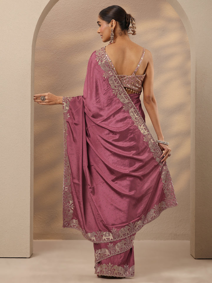Mauve Embellished Silk Blend Saree With Unstitched Blouse Piece