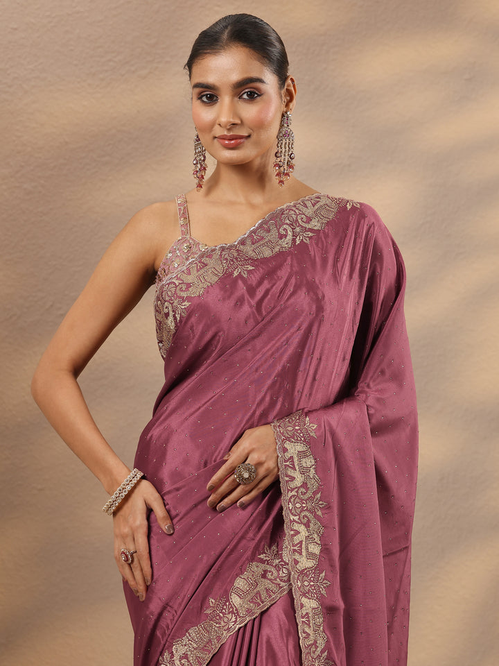 Mauve Embellished Silk Blend Saree With Unstitched Blouse Piece