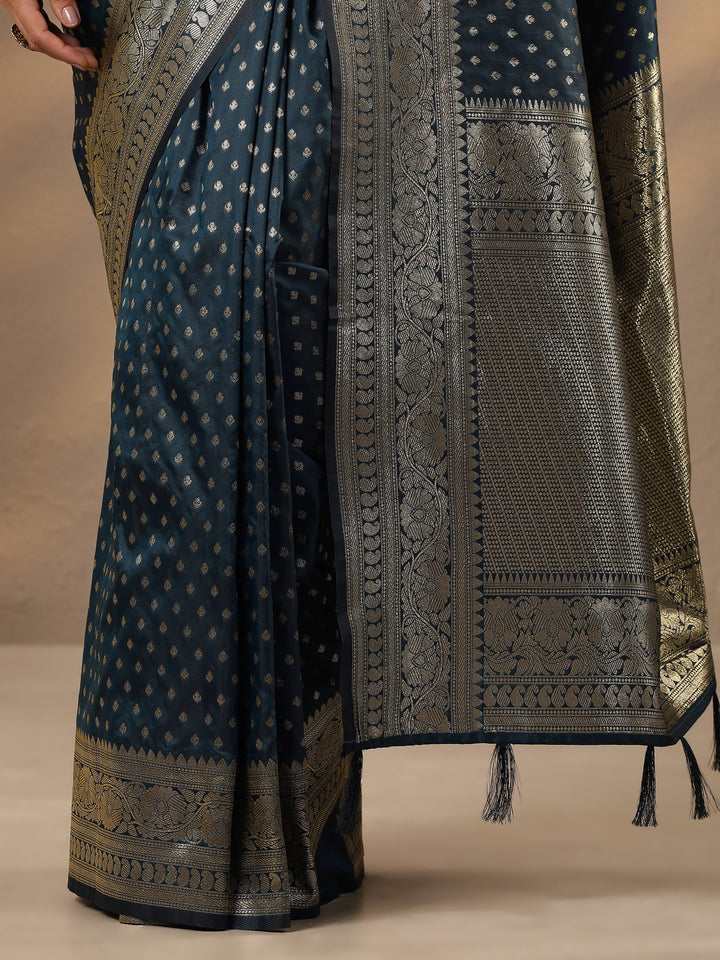 Navy Blue Woven Design Silk Blend Saree With Unstitched Blouse Piece