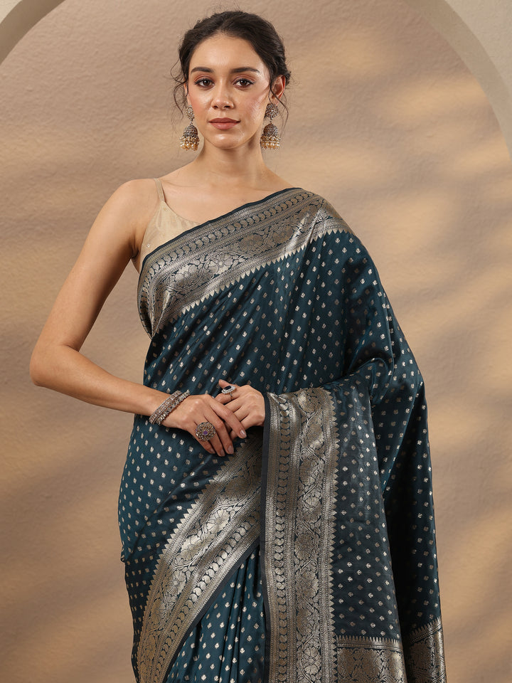 Navy Blue Woven Design Silk Blend Saree With Unstitched Blouse Piece