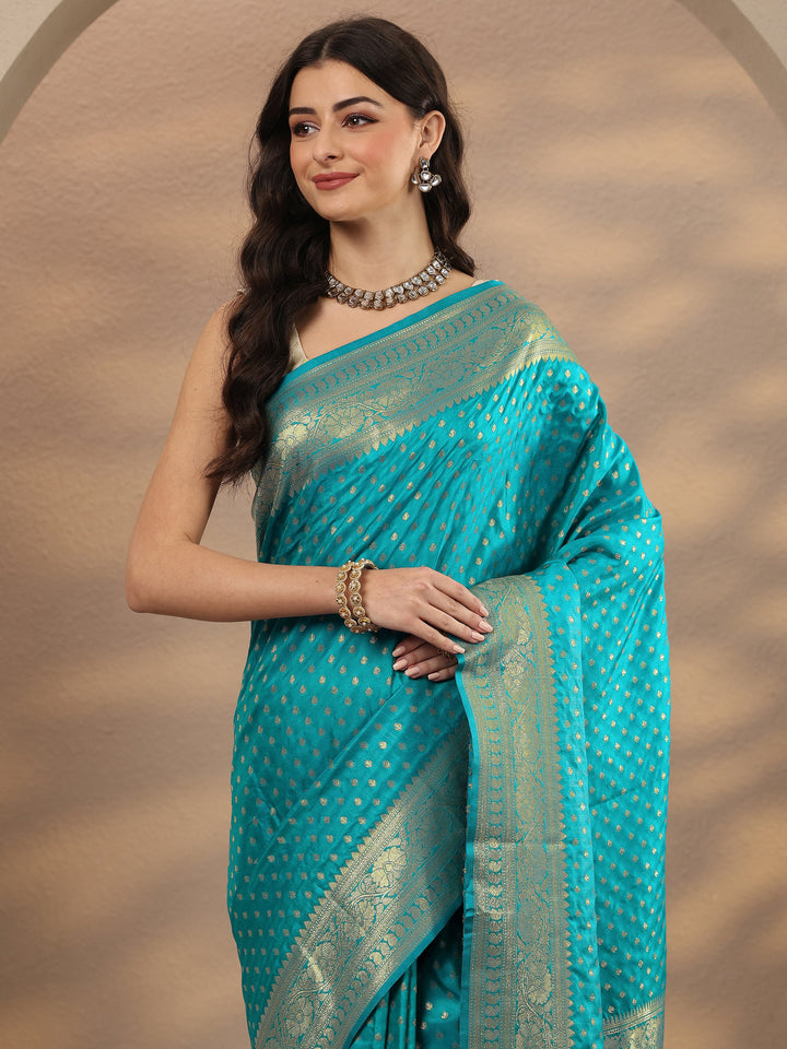 Blue Woven Design Silk Blend Saree With Unstitched Blouse Piece