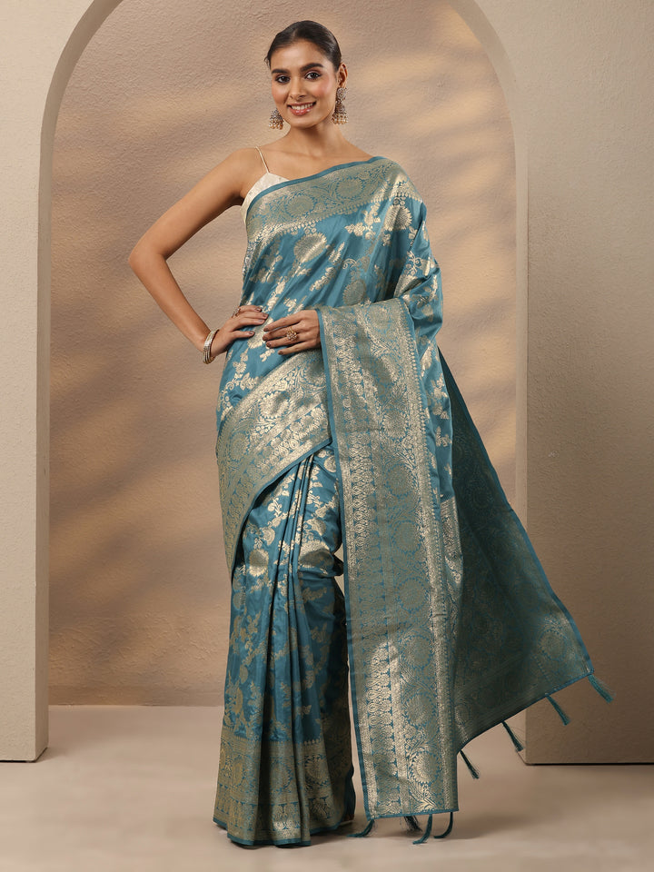 Blue Woven Design Silk Blend Saree With Unstitched Blouse Piece