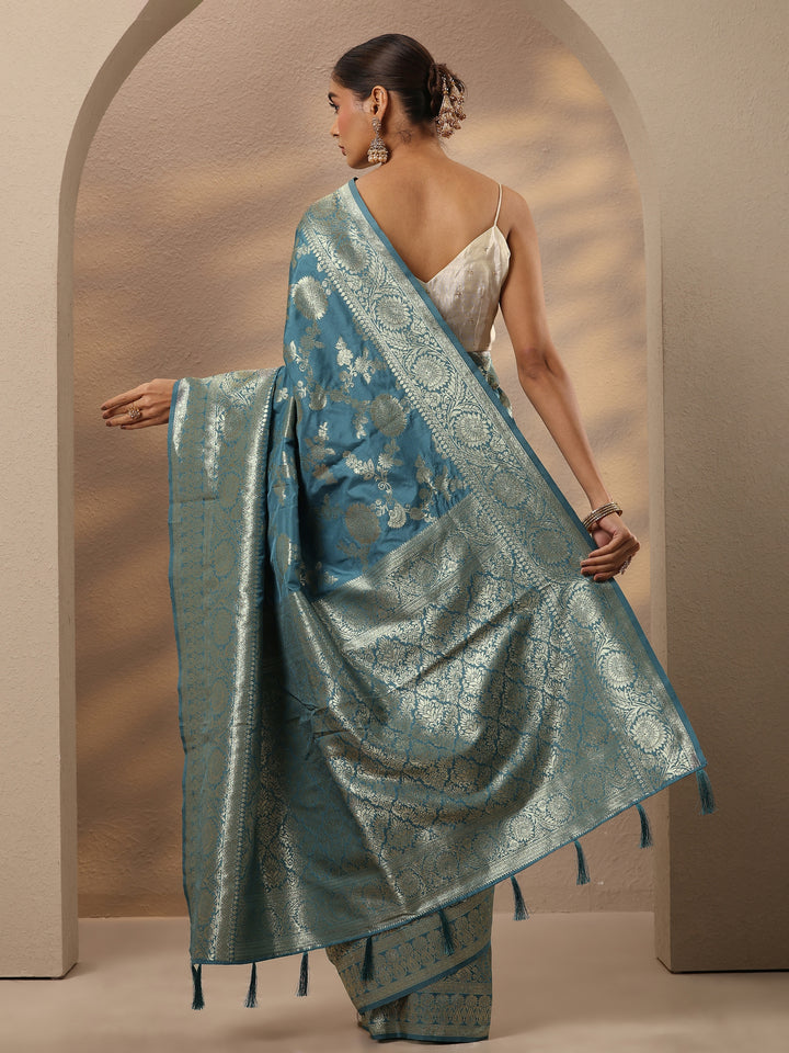 Blue Woven Design Silk Blend Saree With Unstitched Blouse Piece