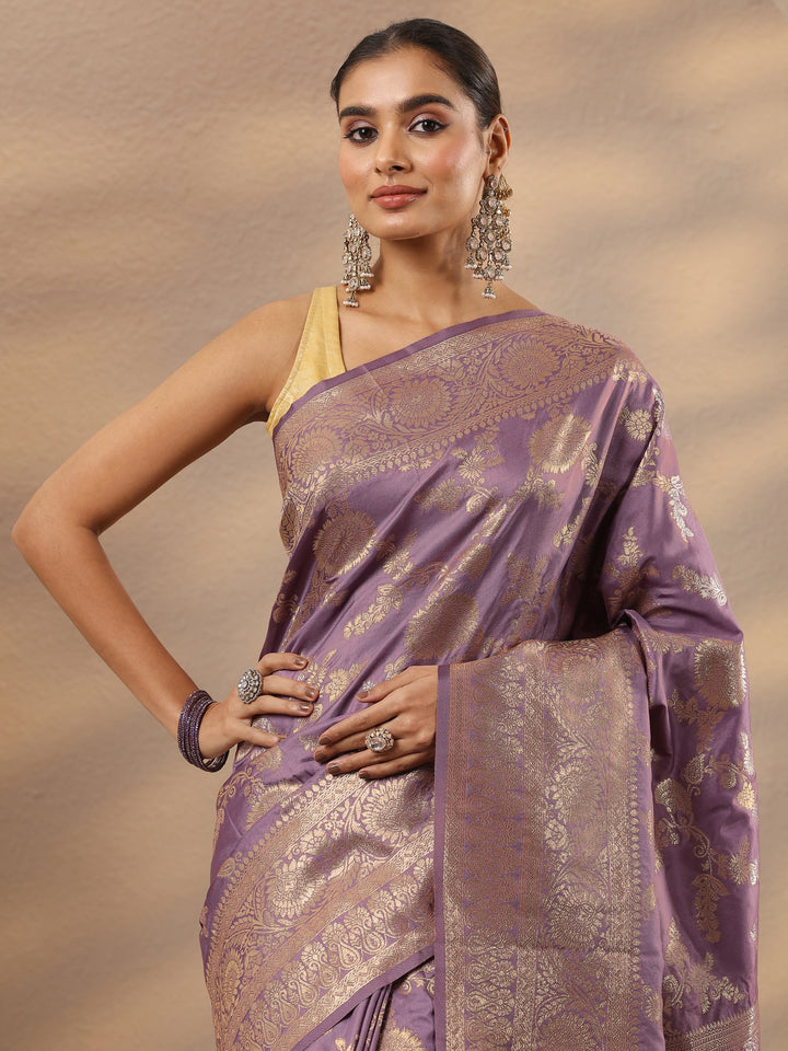 Purple Woven Design Silk Blend Saree With Unstitched Blouse Piece
