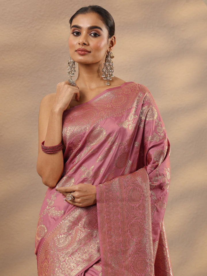 Peach Woven Design Silk Blend Saree With Unstitched Blouse Piece