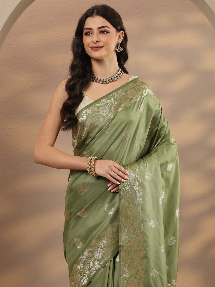 Green Woven Design Silk Blend Saree With Unstitched Blouse Piece