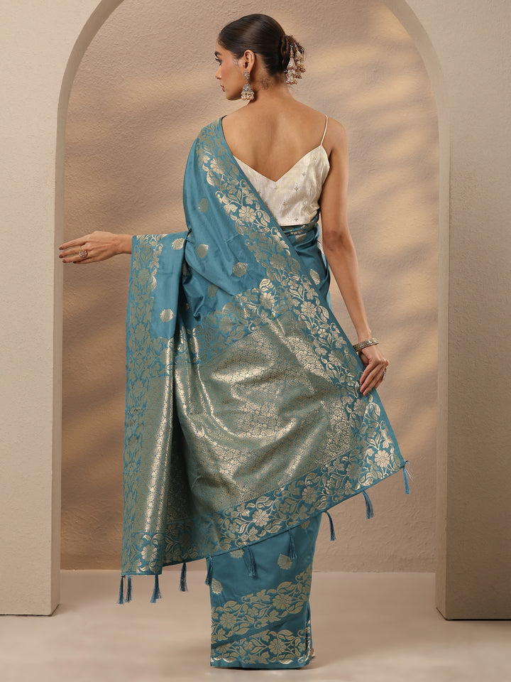 Blue Woven Design Silk Blend Saree With Unstitched Blouse Piece