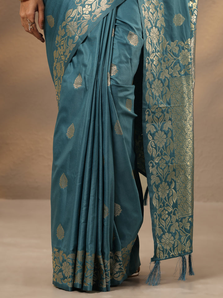 Blue Woven Design Silk Blend Saree With Unstitched Blouse Piece