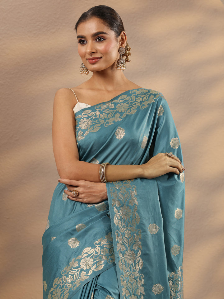 Blue Woven Design Silk Blend Saree With Unstitched Blouse Piece