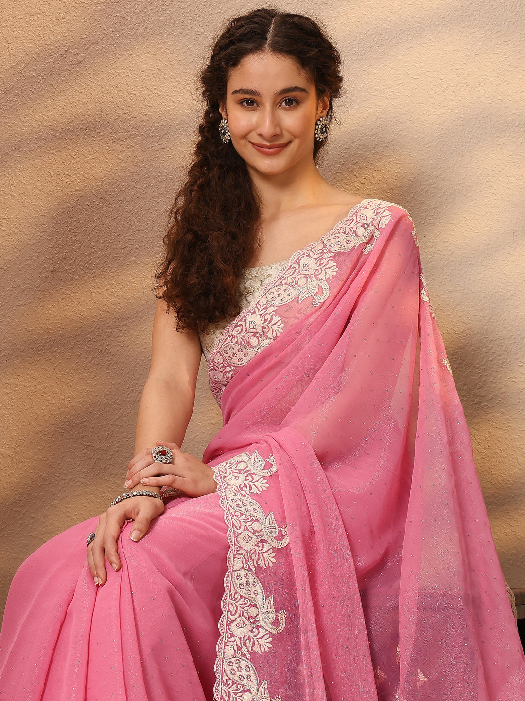 Pink Embellished Silk Blend Saree With Unstitched Blouse Piece
