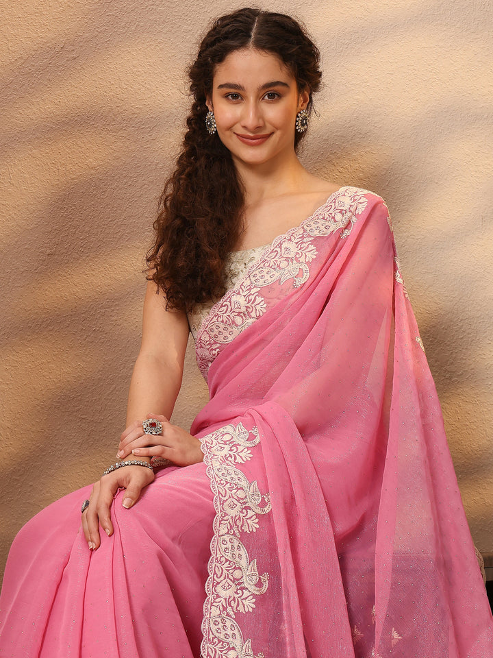 Pink Embellished Silk Blend Saree With Unstitched Blouse Piece