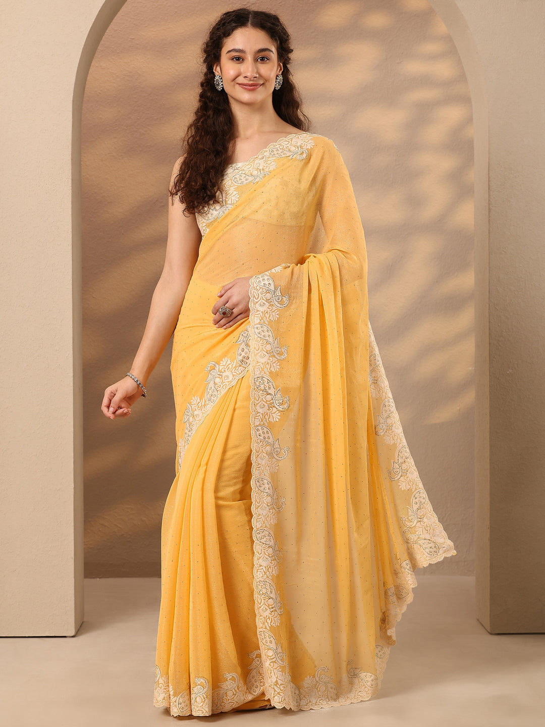 Yellow Embellished Silk Blend Saree With Unstitched Blouse Piece
