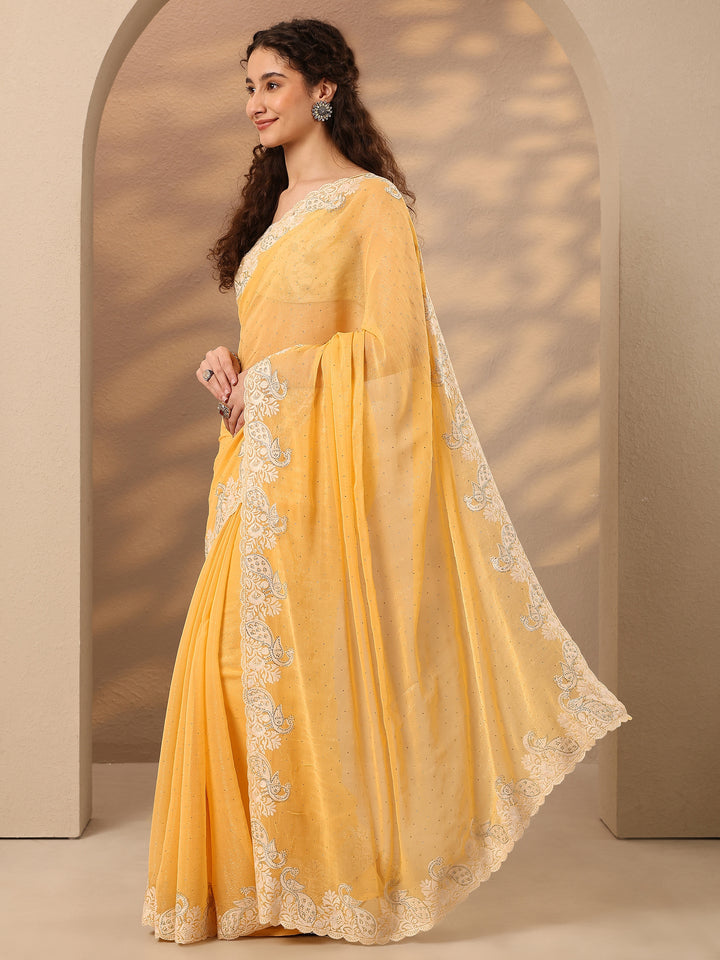 Yellow Embellished Silk Blend Saree With Unstitched Blouse Piece