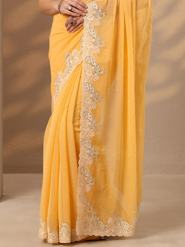Yellow Embellished Silk Blend Saree With Unstitched Blouse Piece