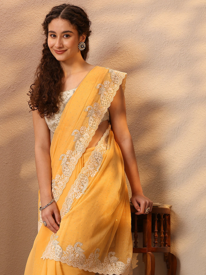 Yellow Embellished Silk Blend Saree With Unstitched Blouse Piece