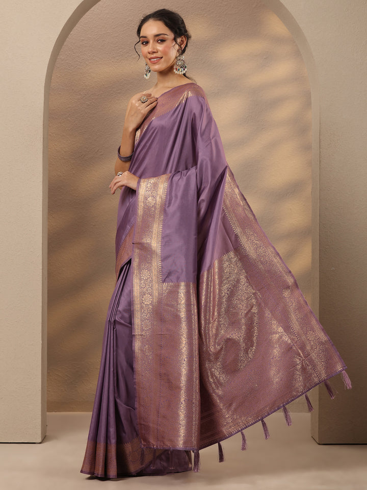 Lavender Solid Silk Blend Saree With Unstitched Blouse Piece