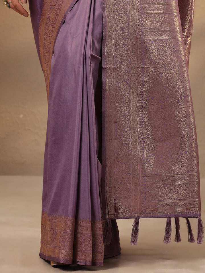 Lavender Solid Silk Blend Saree With Unstitched Blouse Piece