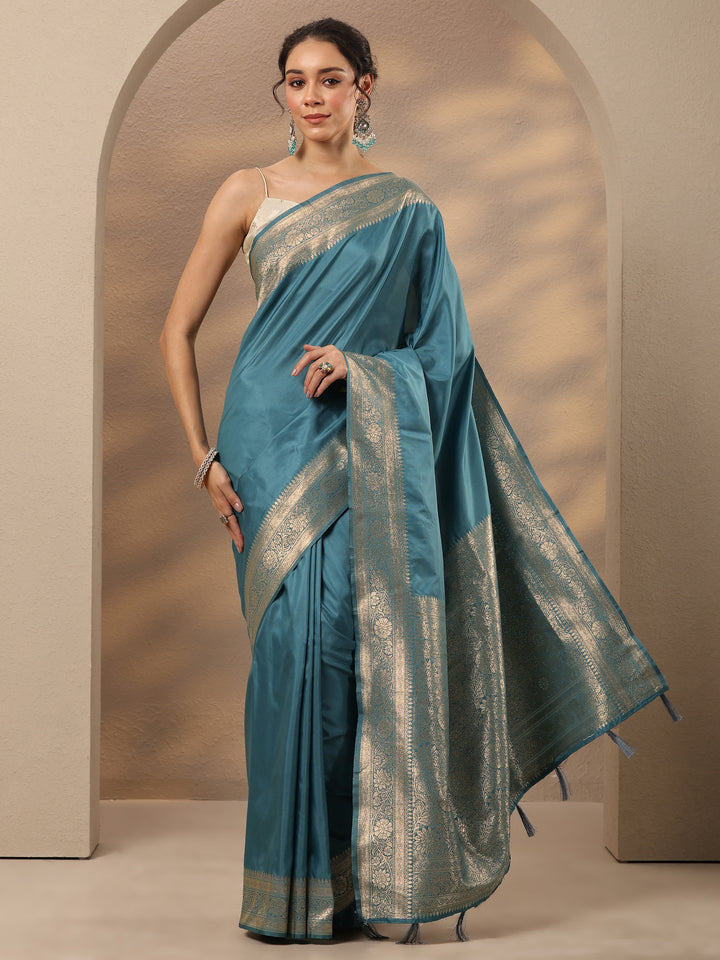 Blue Solid Silk Blend Saree With Unstitched Blouse Piece