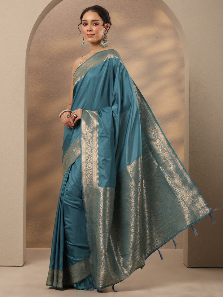 Blue Solid Silk Blend Saree With Unstitched Blouse Piece